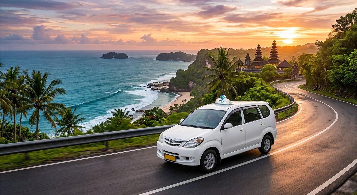 A white taxi on a winding coastal road in Bali at sunset, with the ocean, green cliffs and traditional Balinese temple towers in the distance.
