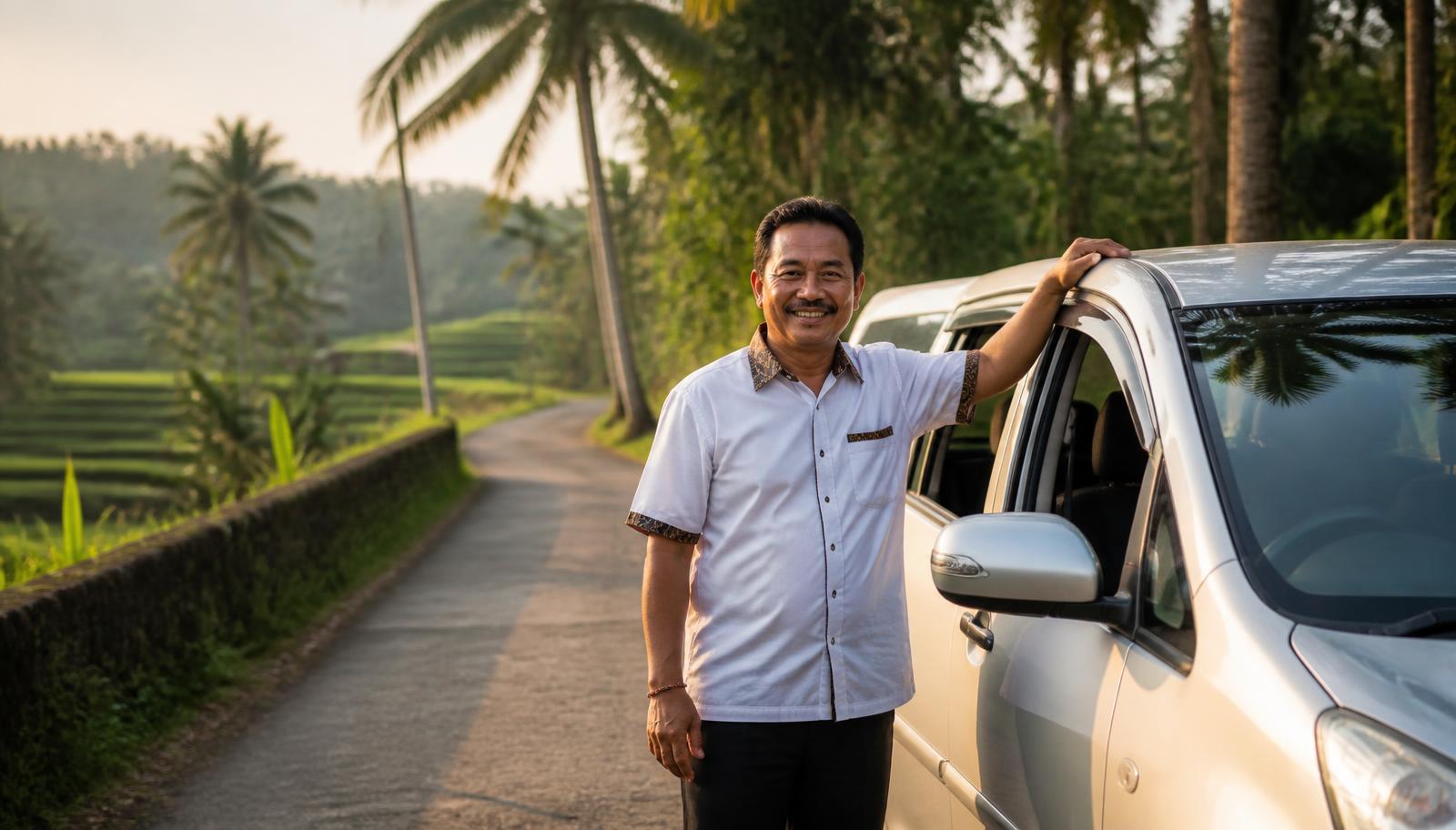 Wayan standing beside his silver Avanza on the road above the rice terraces at Junjungan, outside Ubud, early in the afternoon.