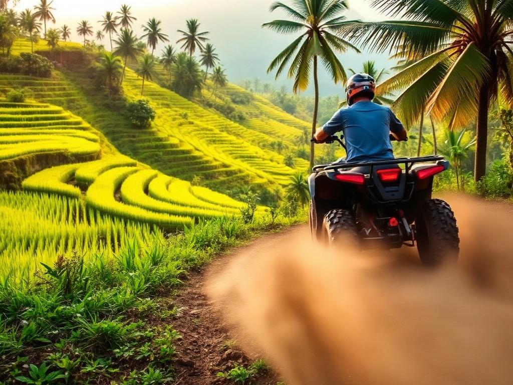 An ATV quad bike on a jungle trail with Bali rice terraces in the background.