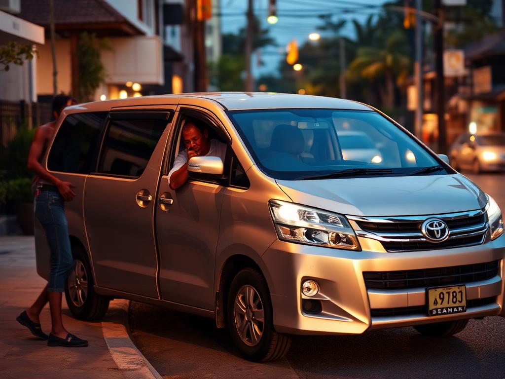 A car waiting at the kerb in the evening while the driver stands beside it.