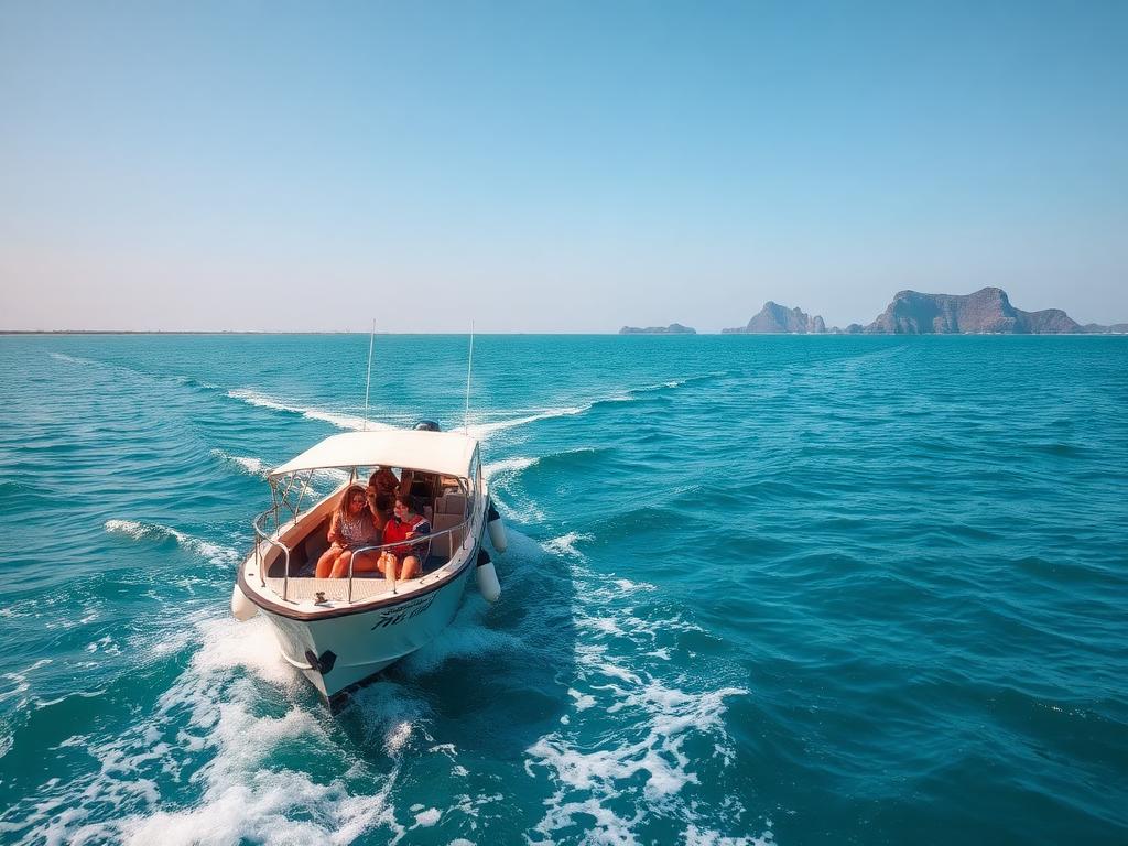 A fastboat leaving Sanur harbour for the Nusa islands on a clear morning.