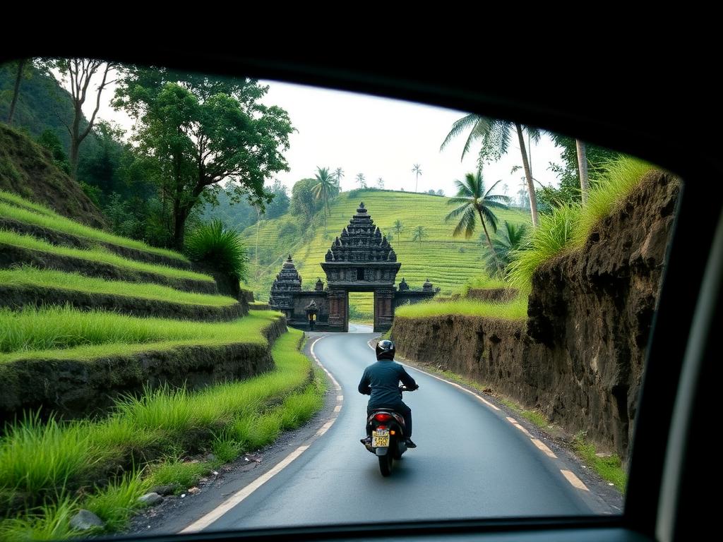 The view forward from a car on a narrow Bali road lined with palms.