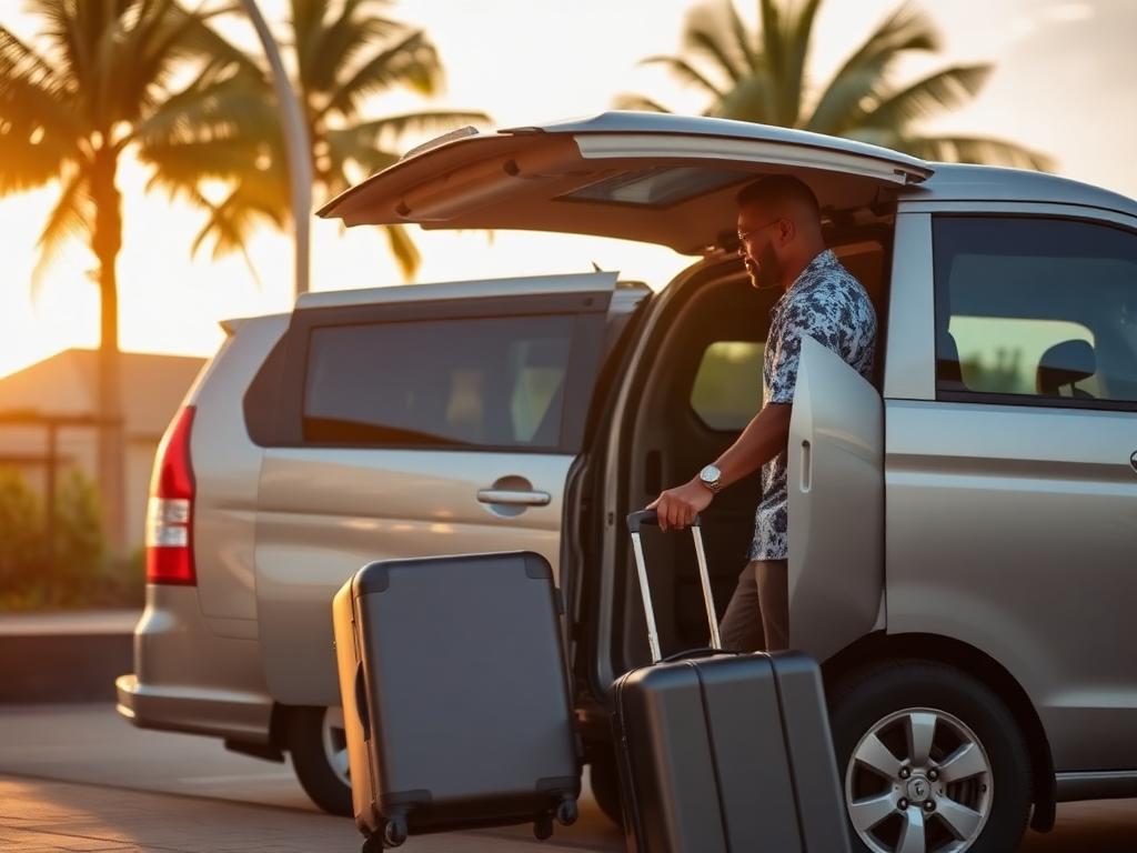 A driver loading suitcases into the back of a car outside Ngurah Rai arrivals.