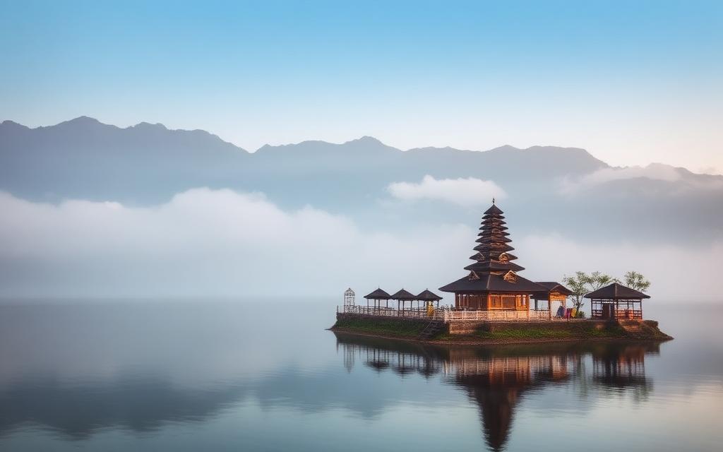 The lakeside temple on Lake Bratan under morning cloud.